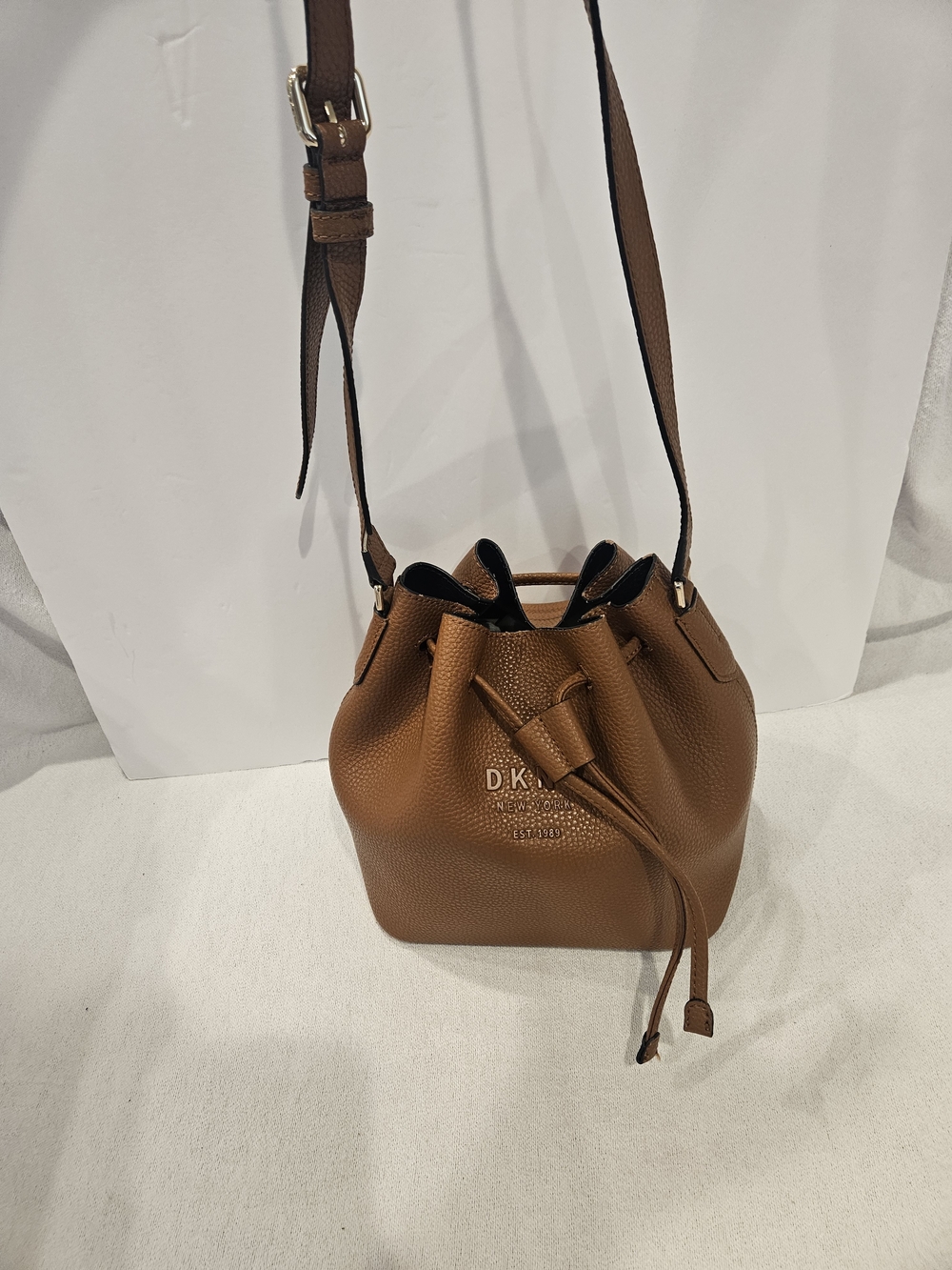 DKNY Brown Pebbled Leather Drawstring Crossbody Bag Bucket Bag - Picture 2 of 15